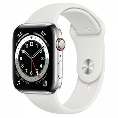 Apple Watch Series 6 GPS + Cellular 44mm Silver Stainless Steel Case w. White Sport B. (M07L3)