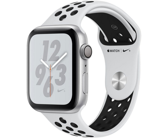Apple Watch Nike+ Series 4 GPS, 44mm Silver Aluminum Case with Pure Platinum/Black Nike Sport Band (MU6K2) вид в полуобороте
