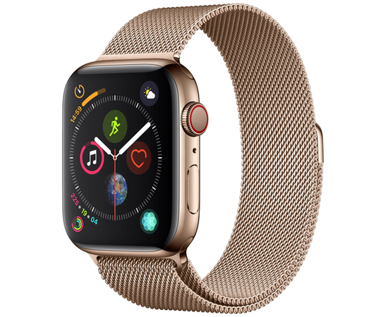 Apple Watch Series 4 GPS + Cellular, 44mm Gold Stainless Steel Case with Gold Milanese Loop (MTV82) вид в полуобороте