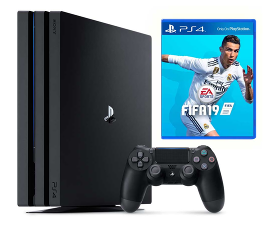 Игровая приставка Sony PlayStation 4 Pro 1TB + FIFA 19 вид с коробкой