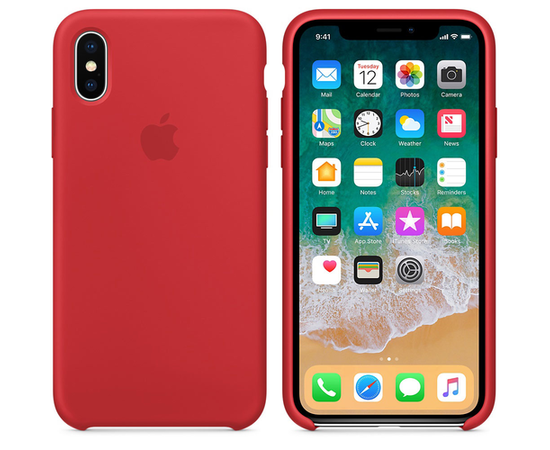 Чехол для Apple iPhone XS Silicone Case - PRODUCT RED (MRWC2) вид на телефоне с двух сторон