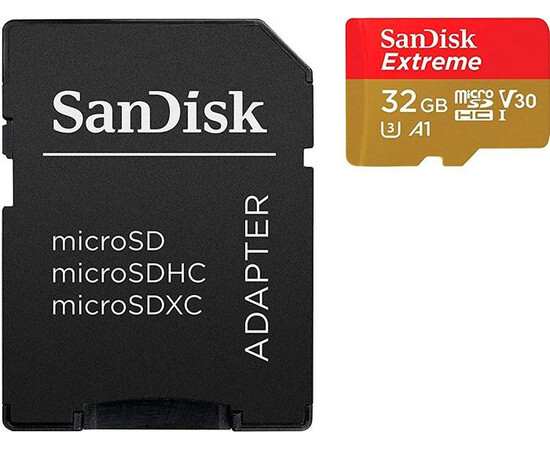Карта памяти SanDisk 32 GB microSDHC UHS-I U3 Extreme Action A1 + SD Adapter SDSQXAF-032G-GN6AA вид с адаптером
