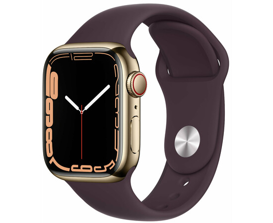 Apple_Watch Series 7 GPS + Cellular 41mm Gold S. Steel Case w. Dark Cherry Sport Band (MKHG3)