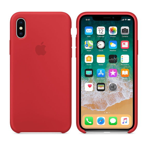 Чехол для Apple iPhone XS Silicone Case - PRODUCT RED (MRWC2) вид на телефоне с двух сторон